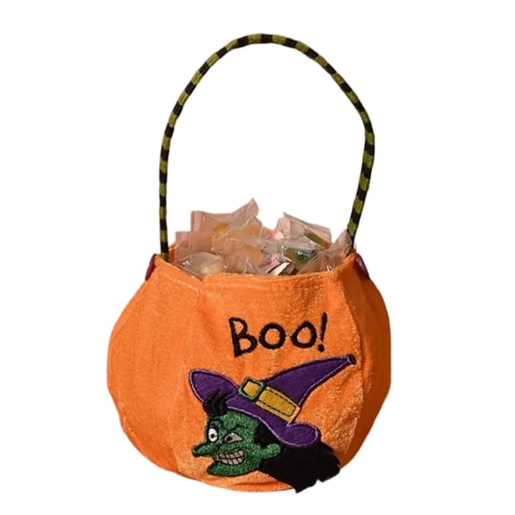 Halloween Treat Bag Witch Embroidered Plush Carry Tote for Trick Or Treating Party Favors 1 Piece