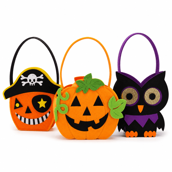 Halloween Treat Bags 3 Pack, Felt Candy Tote Bags with Handles, Pumpkin Pirate Owl Trick or Treat Bags for Party Favors, Candy Holder and Halloween Holiday Decorations