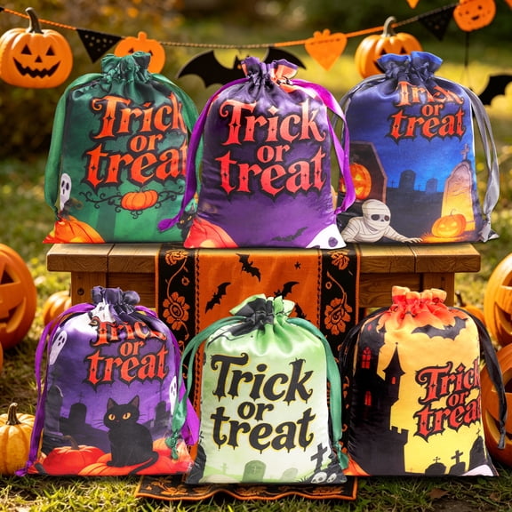 Halloween Treat Bags Drawstring, 12Pcs Halloween Candy Bags with Pumpkin Ghost Cat Spider Patterns, Drawstring Goodie Bags for Party Favors Classroom Treats(Q)