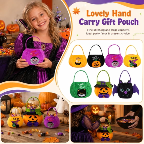 Halloween Treat Bags, Halloween Plush Yellow Pumpkin Tote Bag, Trick Or Treat Bag for Student, Halloween Fabric Goody Bag for Party Favors, 11X5 Inch Reusable Soft Flannel