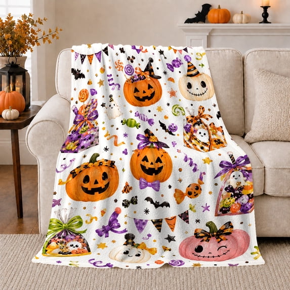 Halloween Treat Bags with Jack O Lantern Pumpkins Ghosts Bats Bows Candy and Party Banner, Whimsical Holiday Art Cozy Flannel Blanket for Playroom and Bedroom, Halloween Gift, Home Decor