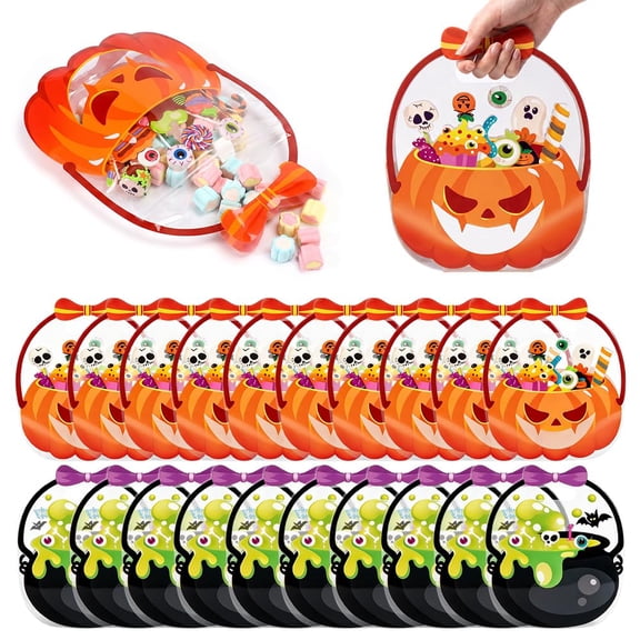 Halloween Treat Bags, Plastic Goodie Bags with Handles Resealable Halloween bags with handles for candy, cookies, snacks