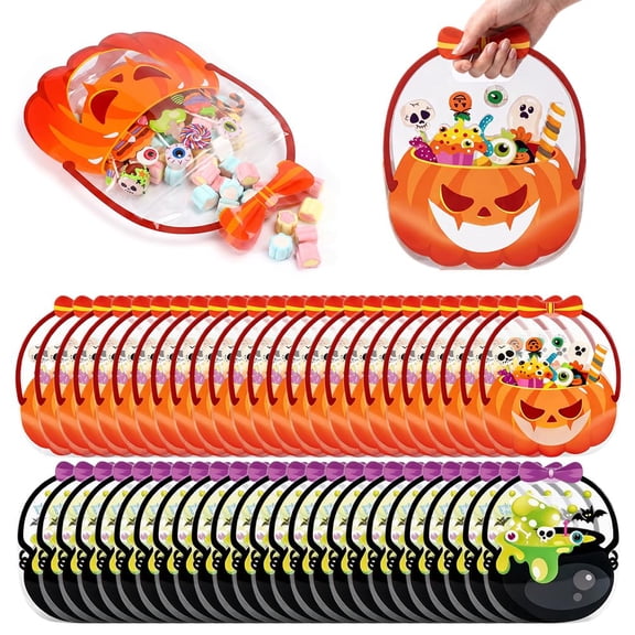 Halloween Treat Bags, Pumpkin Cauldron Plastic Candy Bag Zipper Seal Bag Resealable Jack-O-Latern Goodie Bags with Handle for Trick or Treat Halloween Party Supply Decor Home Classroom