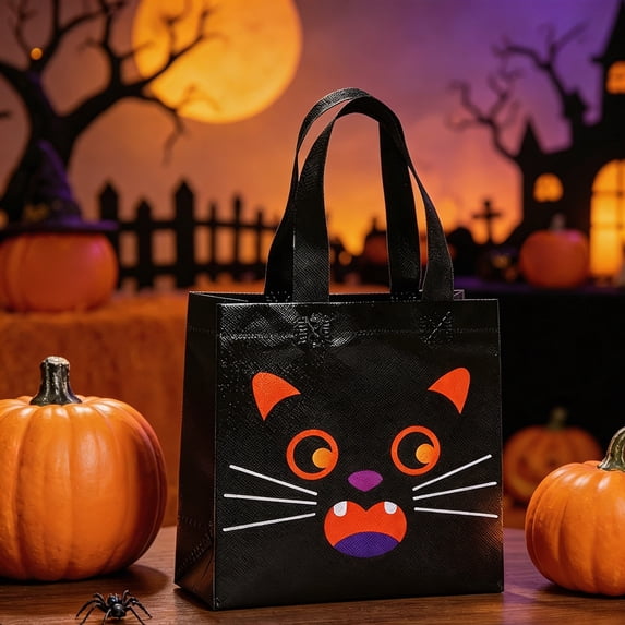 Halloween Treat Bags,Reusable Goodie Gift Bags With Handles For Trick Or Treat Candy And Party Favors,Character Print Tote Bags For Classroom Costume Party October Holiday Supplies And Decor(black)