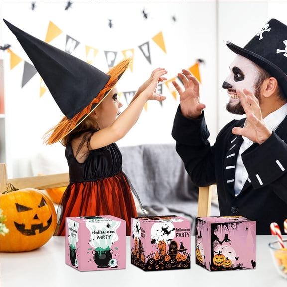 Halloween Treat Boxes, Pink Halloween Decorations, Halloween Party Supplies, Candy Boxes for Party, Set of 6 3D Cardboard Favor Containers Printed with Cauldron, Witch, Graveyard