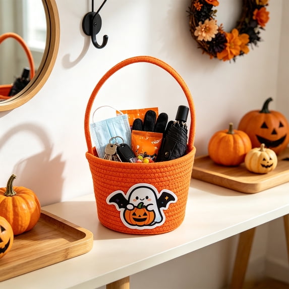 Halloween Treat Bucket Fabric Candy Basket 7.9x5.5in with Handle Cute Ghost Print for Kids Trick or Treat Party by OVFUIZ