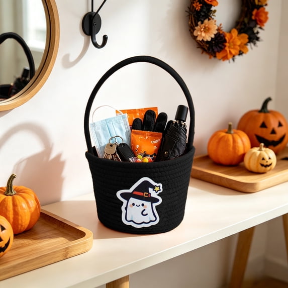 Halloween Treat Bucket Fabric Candy Basket 7.9x5.5in with Handle Cute Ghost Print for Kids Trick or Treat Party by OVFUIZ