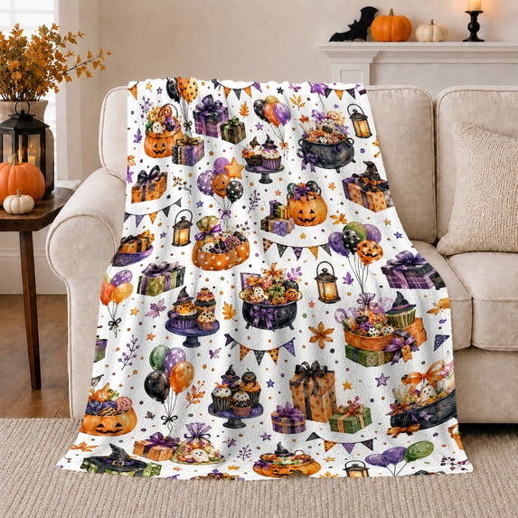 Halloween Treat Party Motifs Print, Cozy Flannel Blanket for Halloween Party Enthusiasts, Playful Halloween Party Illustrations Home Decor for Living Room and Dining Room, Halloween Gift