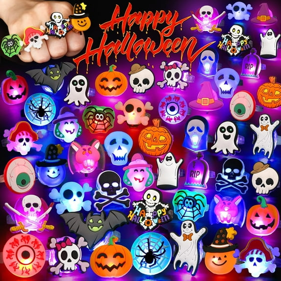 Halloween Treats 50Pcs LED Ring Light Up Rings Glow in The Dark Halloween Party Favors for Kid LED Flash Rings Non Candy Gift Bag Fillers