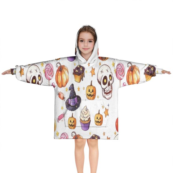 Halloween Treats Pattern Blanket Hoodies for Kids 6-13YR Oversize Wearable Blanket Hoodies for Boys Girls Teens