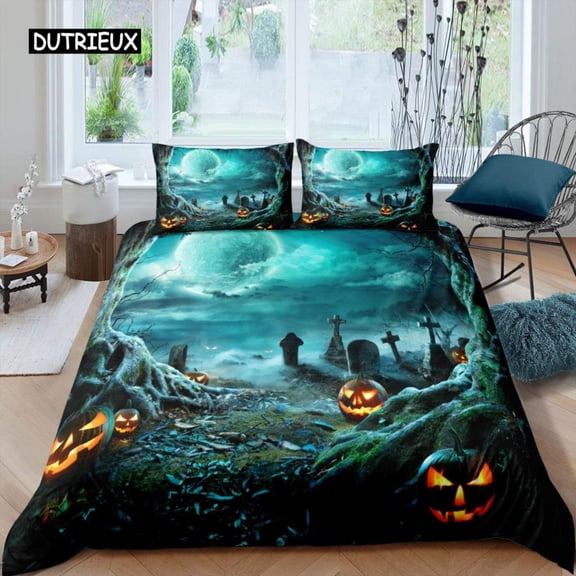 Halloween Tree Bedding Set King Horror Theme Comforter Cover Gothic Spooky Polyester Duvet Cover Branches Grey Quilt Cover