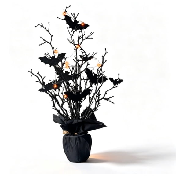 Halloween Tree Centerpiece for Table, Lighted Halloween Table Tree with Black Bat, Farmhouse Spooky Artificial Table Tree for Home Mantel Halloween Party Tabletop Ornament