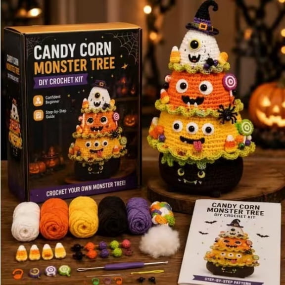 Halloween Tree DIY Crochet Kit – Spooky Tabletop Decor, All-Inclusive Yarn Starter Pack with Pattern Booklet & Stitch Accessories Complete Creative Hobby Project Spooky Farmhouse Tabletop Decoration
