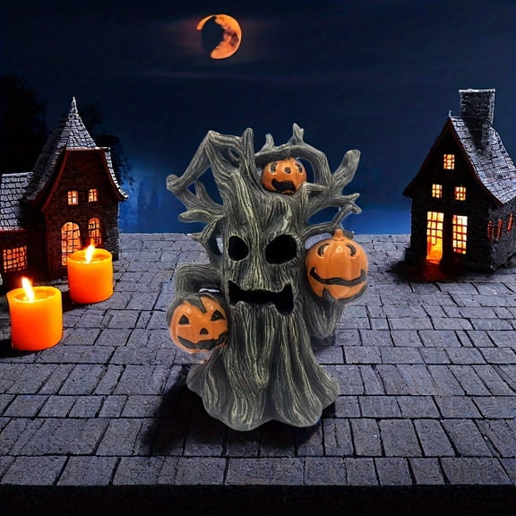 Halloween Tree Decorations, Creepy Bark-Faced Tree Monster Figurine with 3 Mini Jack-O-Lanterns, Spooky Halloween Decor for Living Room Mantel Shelf Tabletop, Festive Halloween