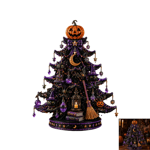 Halloween Tree Diamond Painting DIY Kit, 10 Inch Resin 3D Model,Diamond Art Kits For Adults,Rhinestone Tabletop Ornament,Gothic Style Halloween Decorations Indoor for Mantel, Desk and Table Display-E