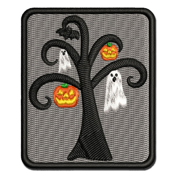 Halloween Tree Ghost Bat Jack-O'-Lantern Applique Multi-Color Embroidered Hook & Loop Patch - 2.0 Inch Mini