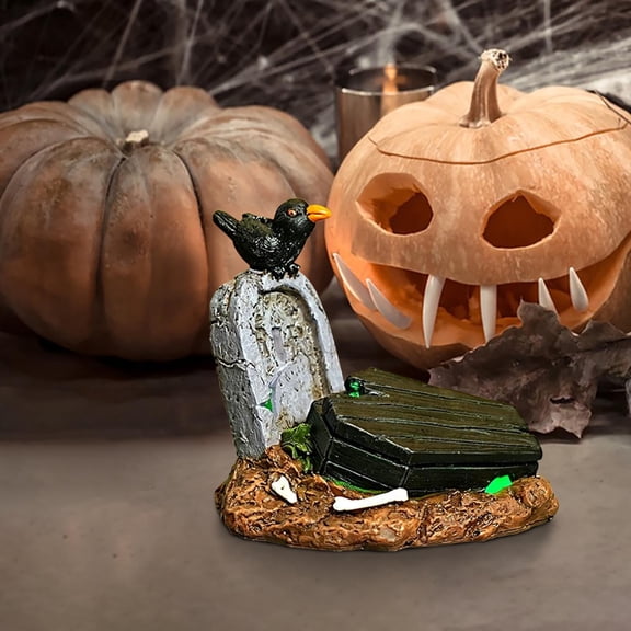 Halloween Tree Ghost House Luminous Resin Ornament, 6.9 Inch Glowing Tomb Figurine with Haunted Scene for Desk Shelf Party Display