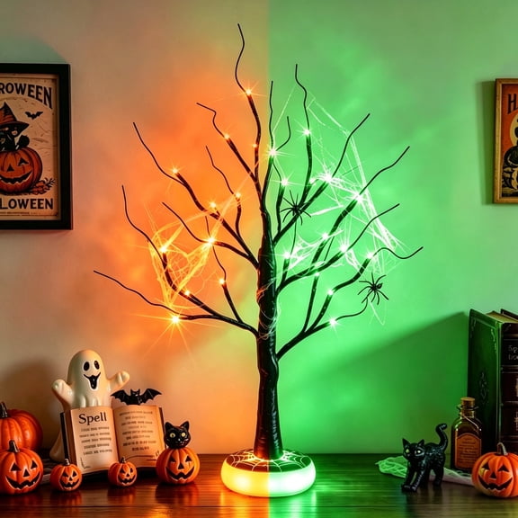 Halloween Tree with Light-up Base Rechargeable Halloween Decoration | 24 Orange Green Bi-Color Lights, 2FT Spooky Tree with Glowing Base, 5 Modes Timer & Memory for Indoor Home Halloween Decor