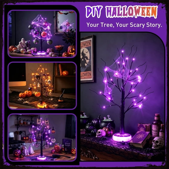 EAMBRITE Halloween Tree Halloween Decorations Indoor Lighted Spooky Tree 2Ft | Black Tree with Orange & Purple LED Lights with Spider & Web USB Powered Timer Table Centerpieces for Home Room Decor
