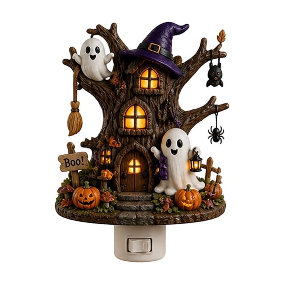 Halloween Tree House Night Light Plug In Spooky Ghost Pumpkin Wall Nightlight For Halloween Home Decor Holiday Gift