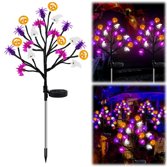 Halloween Tree Light with 20 LED Pumpkin Bat Ghost Lights, Solar Operated Halloween Lights, Halloween Decorations Indoor Outdoor for Home Table Mantle Halloween Party Decor, 12.59x31.5"