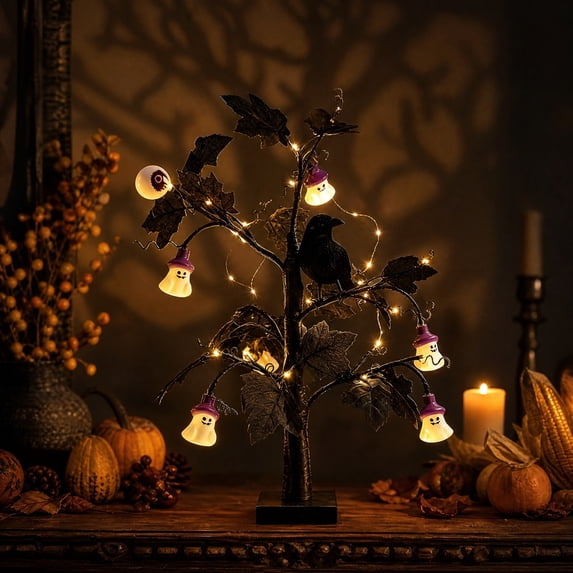 Halloween Tree Light, Iron LED Decor, Spooky Party Lamp, Warm Illumination and Plug And Play Setup for Indoor Mantels, Outdoor Patios, and Party Centerpieces