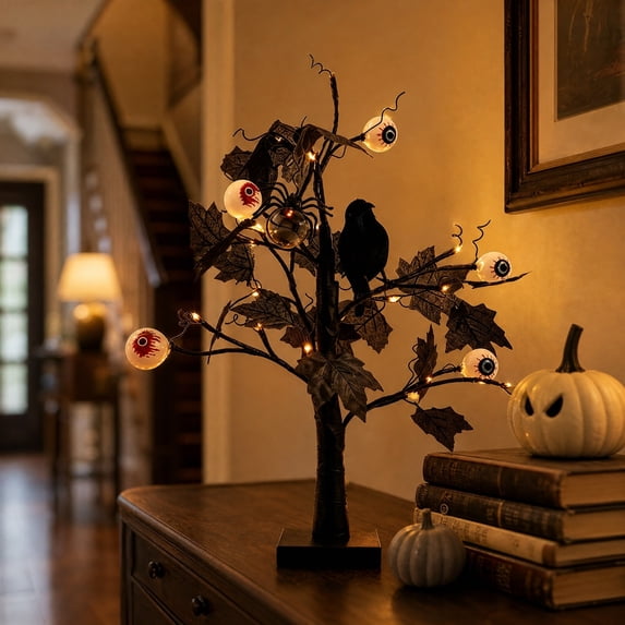 Halloween Tree Light, Iron LED Decor, Spooky Party Lamp, Warm Illumination and Plug And Play Setup for Indoor Mantels, Outdoor Patios, and Party Centerpieces