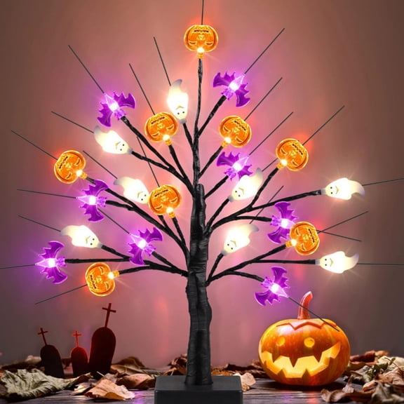 Halloween Tree Lights Decor Black Halloween Tree with 24 LED Pumpkin Ghost Bat Light, Battery Operated Lighted Birch Tree Spooky Halloween Table Decorations Indoor Outdoor for Home Room Party