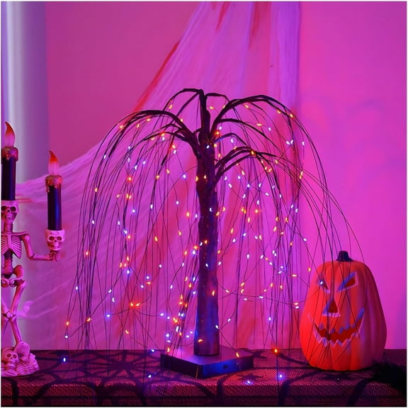 Halloween Tree Lights, Halloween Tree with Purple and Orange Lights, Spooky Artificial Tree for Indoor Outdoor House Home Decorations, 23.6in, Battery and USB Dual-Use
