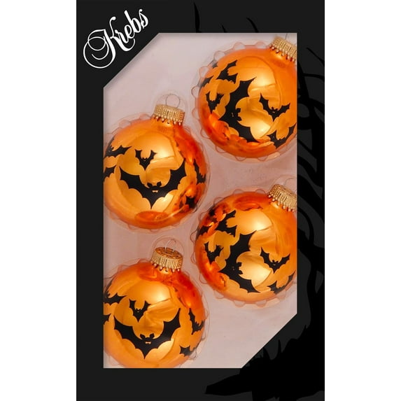 Halloween Tree Ornaments - 67mm/2.625" Decorated Glass Balls from Christmas by Krebs - Handmade Seamless Hanging Holiday Decorations for Trees - Set of 4 (Shiny Orange Crush with Bats)