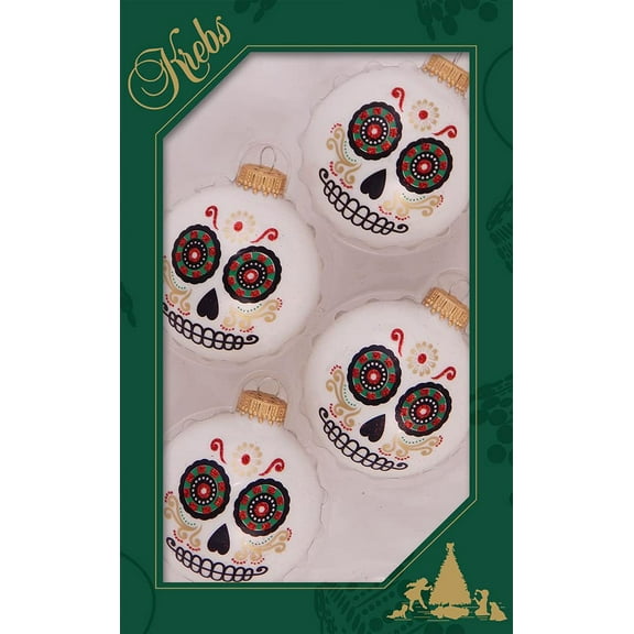 Halloween Tree Ornaments - 67mm/2.625" Decorated Glass Balls from Christmas by Krebs - Handmade Seamless Hanging Holiday Decorations for Trees - Set of 4 (Shiny Porcelain White with Day of the Dead)