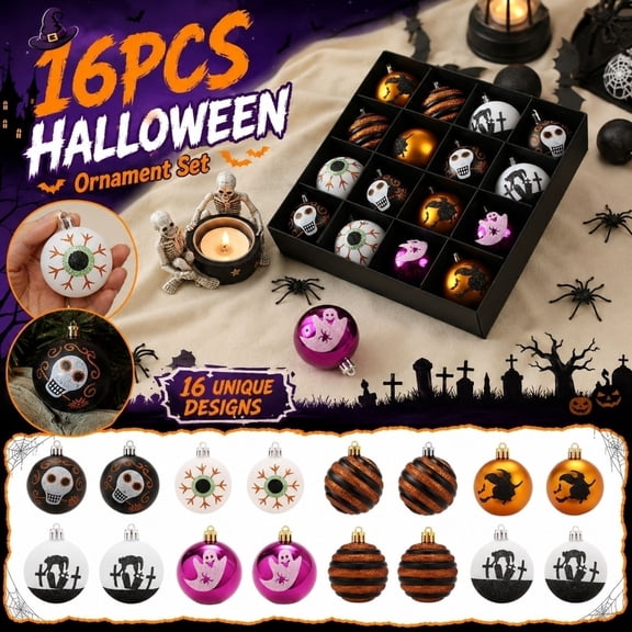 Halloween Tree Ornaments, Spooky Skull Eyeball Witch Graveyard Pattern Hanging Balls, Halloween Decorations for Home, Halloween Party Decorations, Light Up Mini Spherical Baubles,