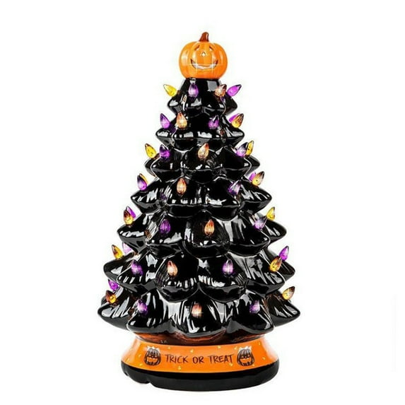 Halloween Tree Pumpkin Light LED Ceramic Desk Ornament, Battery Powered Tabletop Halloween Lighted Tree for Indoor Office Home