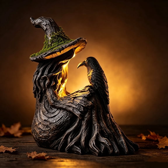 Halloween Tree Root Witch and Crow Statue, Vintage Bark Texture Witch Sculpture with Moss Witch Hat & Raven, Gothic Dark Forest Witch Figurine for Mantel Shelf Covered Porch Home Decor