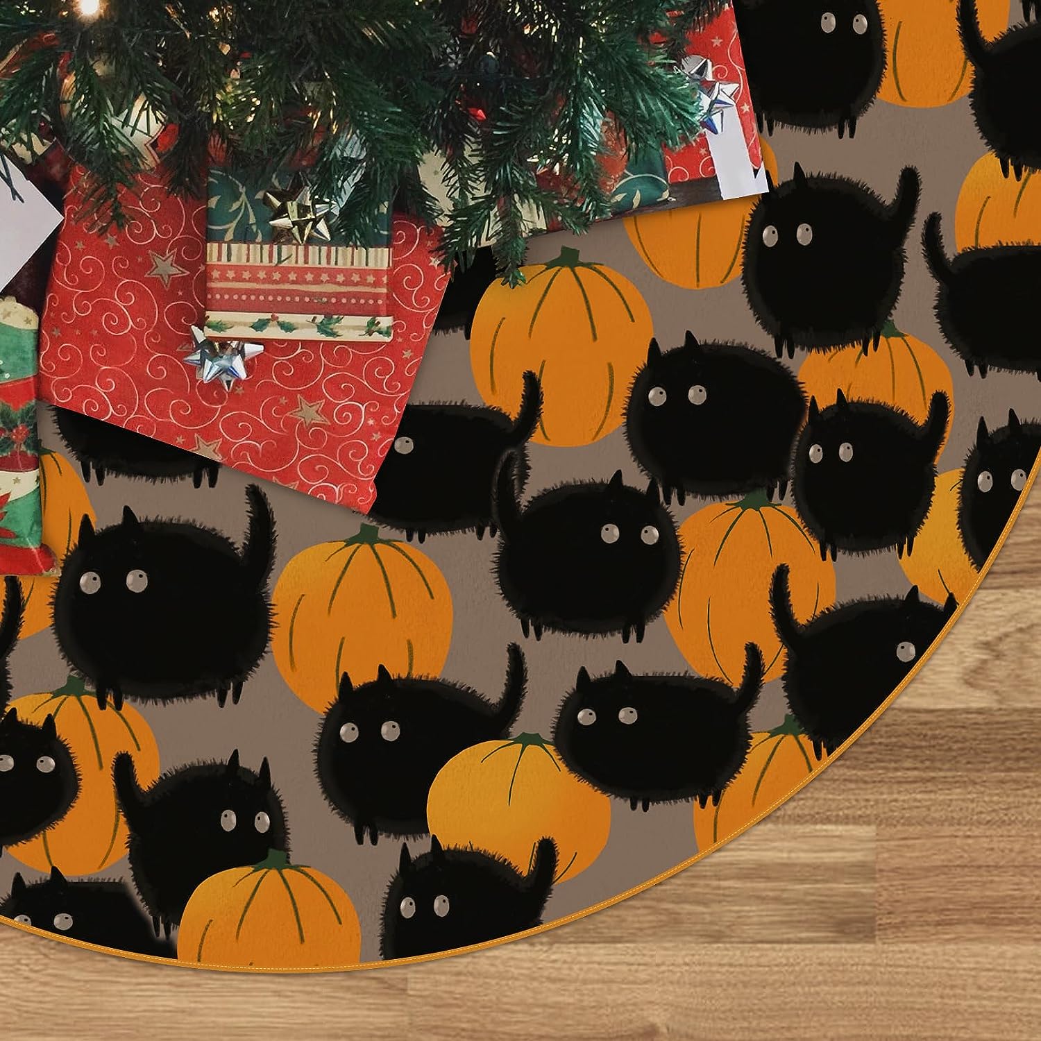 Halloween Tree Skirt Yellow Black Halloween Pumpkin Cat Tree Skirt 48