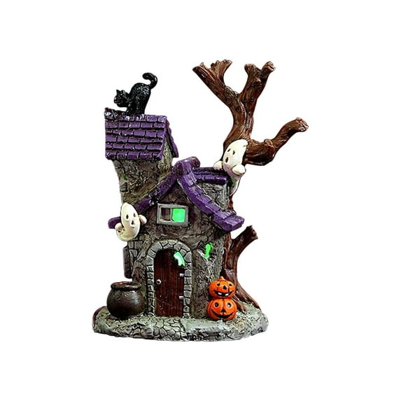 Halloween Tree Tomb Glowing Ornament, Resin Haunted House Figurine with Cloaked Ghost and LED Light, Spooky Decoration for Desk, Car, or Home Décor