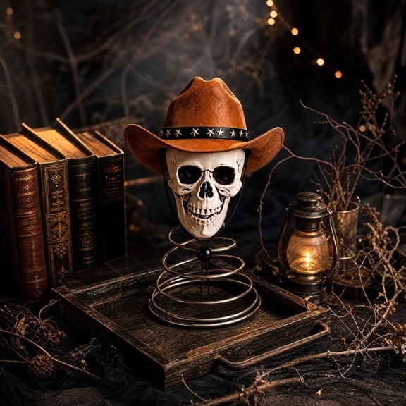 Halloween Tree Topper, Gothic Spring Base Skeleton Head with Cowboy Hat, Spooky Halloween Tree Top Ornament for Halloween Party Indoor Home Decor