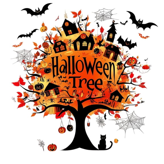 Halloween Tree Wall Decal, 11.6in Orange Autumn Tree Window Sticker With Bats Pumpkins Haunted House Spider Web, Removable Seasonal Glass Wall Decor