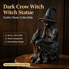 Halloween Tree Witch Statue with Crow, 7.9 Inch Resin Gothic Witchies and Her Mysterious Raven Figurine, Fall Dark Academia Tabletop Decor for Shelf Mantel Home Display