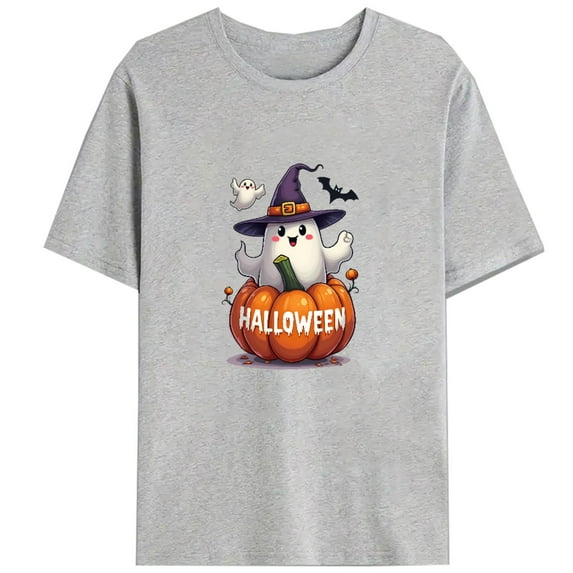 Halloween Trendy Playful Specter Wizard Hat T Shirt Pumpkin Bat Design Graphic Tees Vintage Tops Gray S-3XL