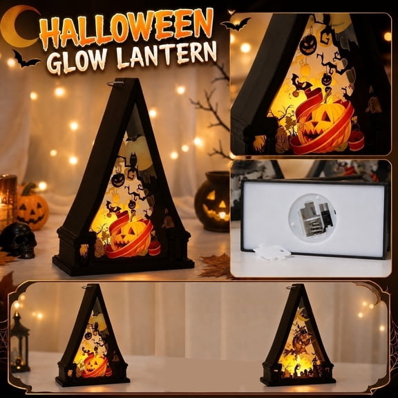 Halloween Triangle Light Box – Layered Pumpkin & Bat Shadow Lamp for Mantel, Shelf & Party Decor – 6.1 x 4.3 Inch LED Night Light A