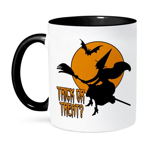 Halloween Trick Or Treat Design With Witch On Broomstick, 11oz Two-Tone Black Mug