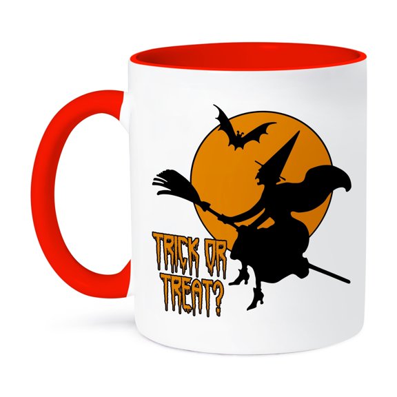 Halloween Trick Or Treat Design With Witch On Broomstick, 11oz Two-Tone Red Mug