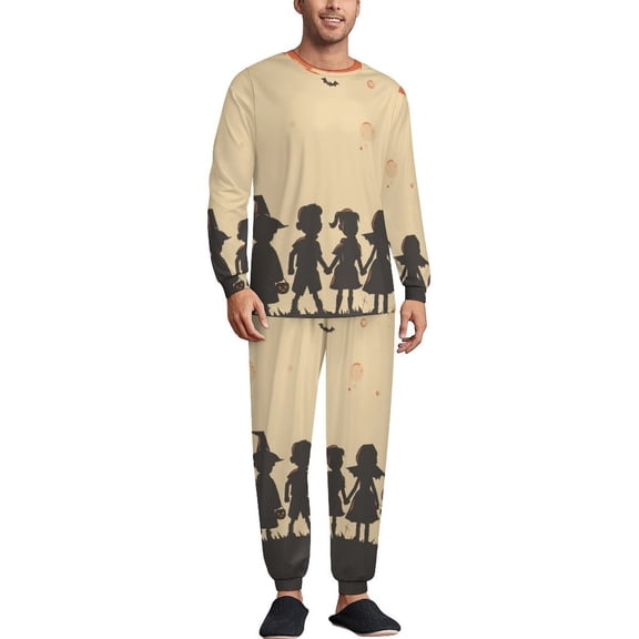 Halloween Trick Or Treat Men's Pajama Set Sleepwear Pjs Lightweight Long Sleeve Crewneck Shirts and Bottoms Soft Comfy Sleep Sets XL