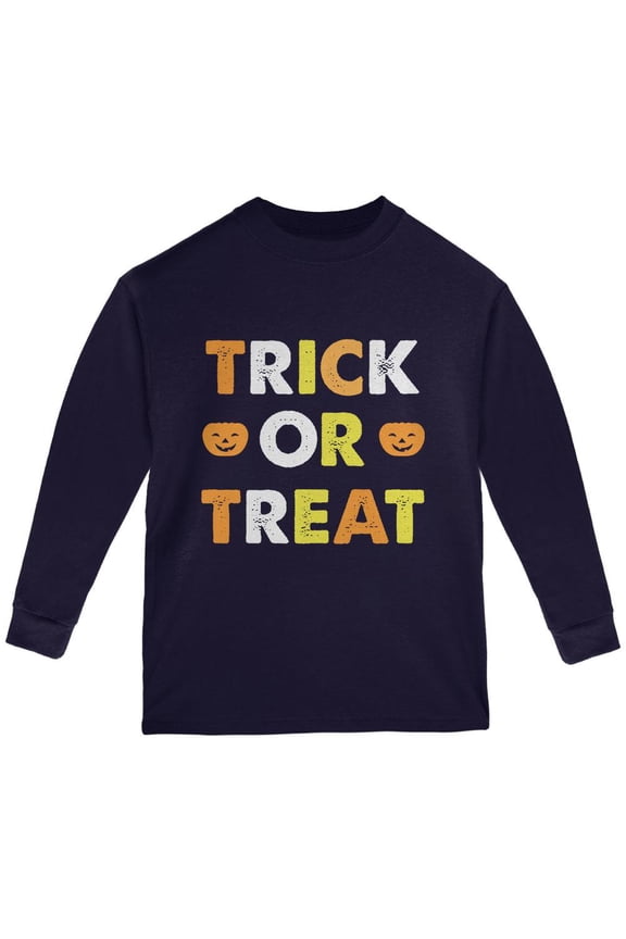 Halloween Trick Or Treat Youth Long Sleeve T Shirt Navy YMD