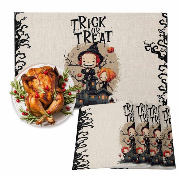 Halloween Trick Placemats Set of 1 Or Treat Haunted House Linen Texture Heat Insulation Non-Slip Place Mats Washable Table Mats for Dining room Party Kitchen Decor, 13 x 19 Inches