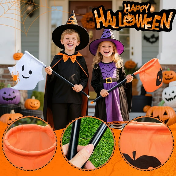 Halloween Trick or Treat Bag for Kids - Pumpkin Candy Collection Bag with Handle Stick for Halloween Party Favors, Candy Holder Gift for Boys and Girls (Saffron, 1 Count)