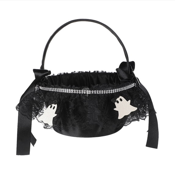 Halloween Trick Or Treat Basket 8 Inch Gothic Halloween Decor with Black Lace Trim and Rhinestone Applique, for Student Halloween Party Favors and Candy Storage, Black Ghost