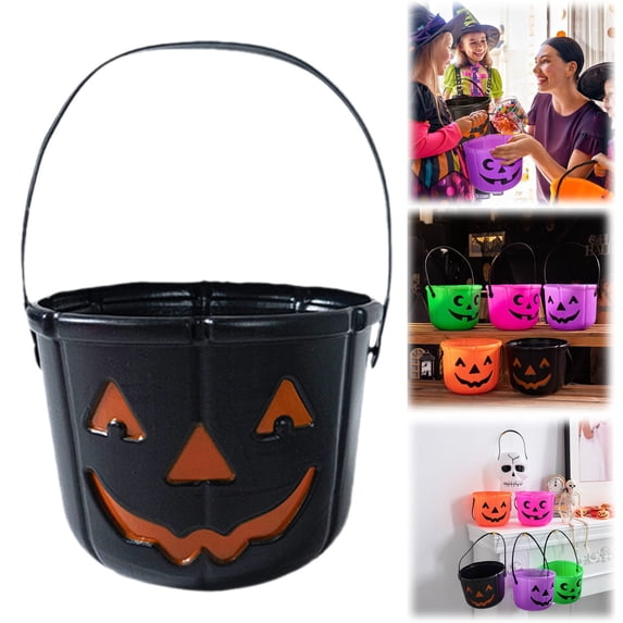 Halloween Trick or Treat Bucket, Halloween Jack O Lantern Candy Basket, Trick or Treat Pumpkin Pails Cauldron Kettle Candy Holder, Halloween Party Supplies(Black)