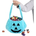 thumbnail image 1 of SCS Direct Halloween Teal Halloween Pumpkin Fabric Trick or Treat Tote- Soft Canvas Candy Bag 8" x 8" Kids Light Blue Allergy Friendly Awareness, 1 of 5